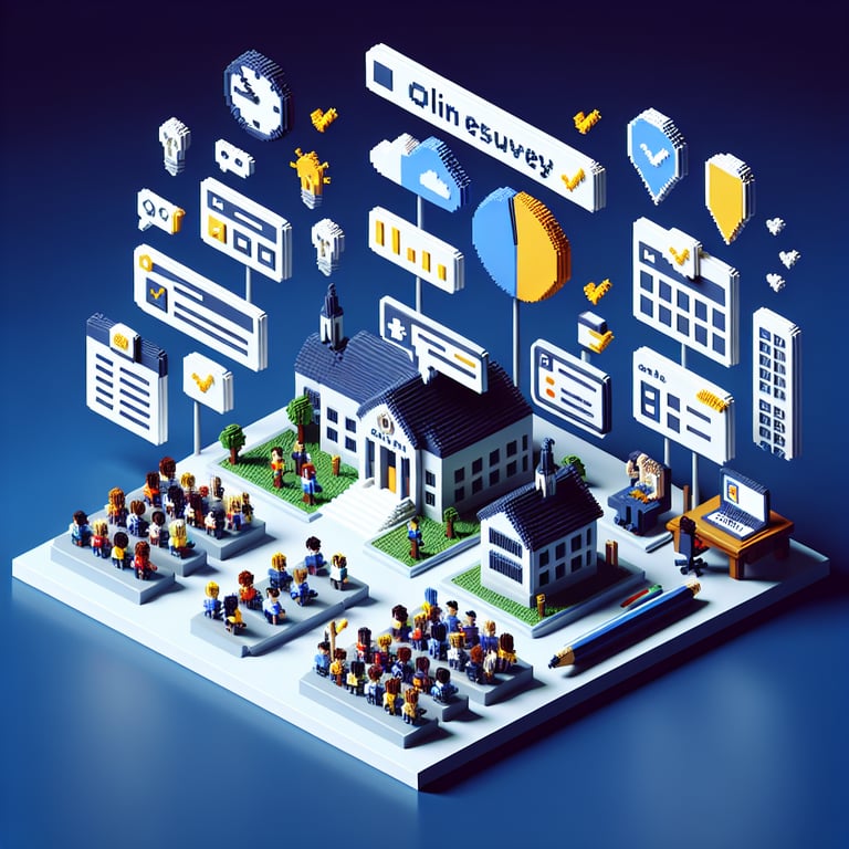 3D voxel art depicting online school climate surveys on a dark blue background.