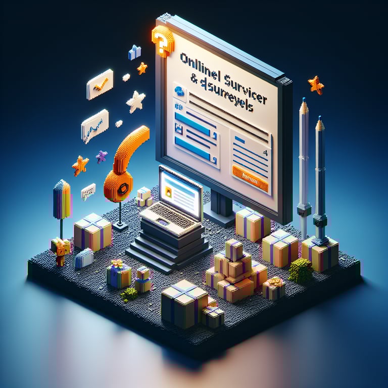 3D voxel art depicting online survey concept on a dark blue background, symbolizing internal customer service.