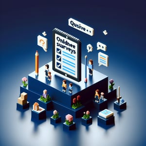 3D voxel art depicting online childhood surveys on a dark blue background.