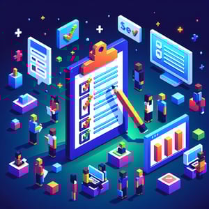 3D voxel art depicting online surveys concept on a dark blue background for pbis parent surveys.