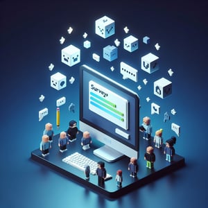 3D voxel art depicting online surveys and questions on a dark blue background.