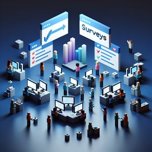 3D voxel art illustrating the concept of online change management surveys on a dark blue background.