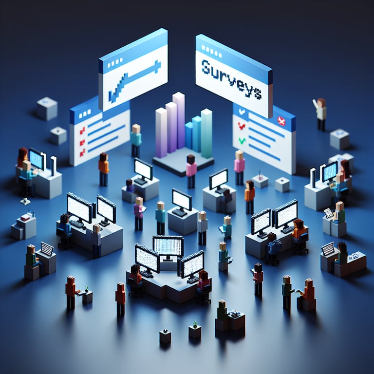 3D voxel art illustrating the concept of online change management surveys on a dark blue background.