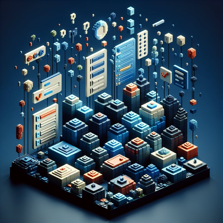 3D voxel art illustrating a digital user feedback panel set against a navy backdrop