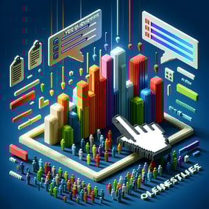 3D voxel art depicting the concept of online Eurobarometer surveys on a dark blue background.