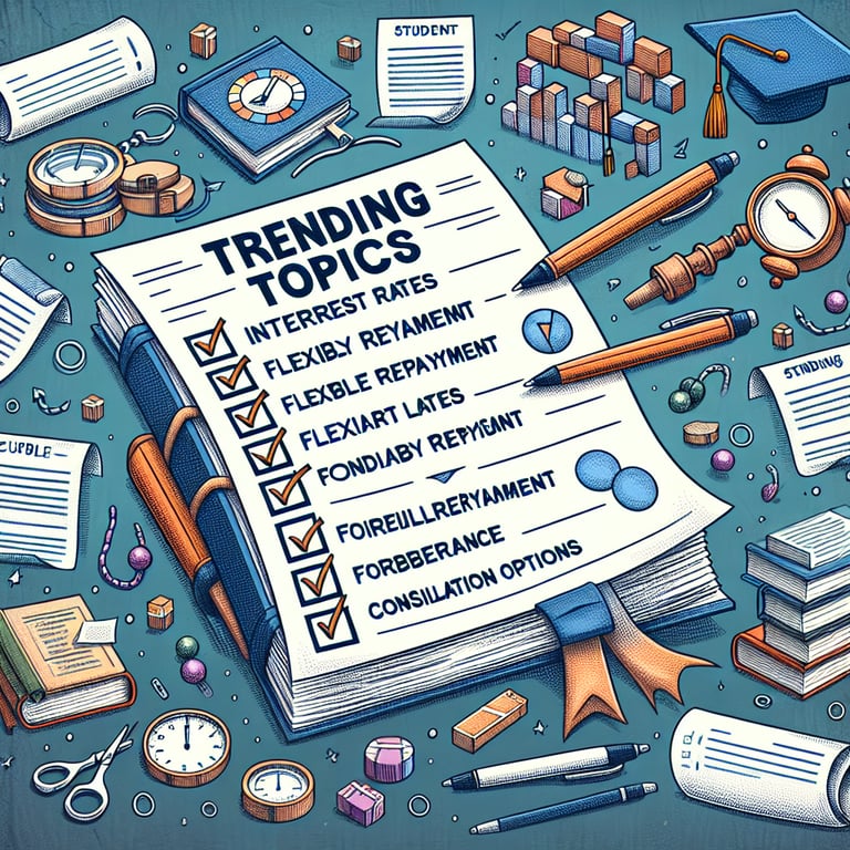 Illustration of trending topics explored through Student Loan survey questions.