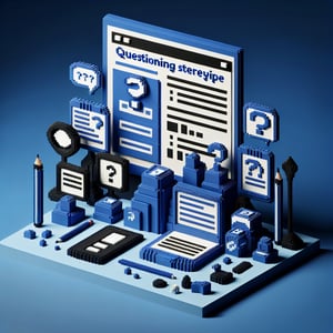 3D voxel art depicting an online survey on stereotypes with a dark blue background.
