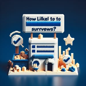 3D voxel art depicting the concept of online surveys, set against a dark blue background.