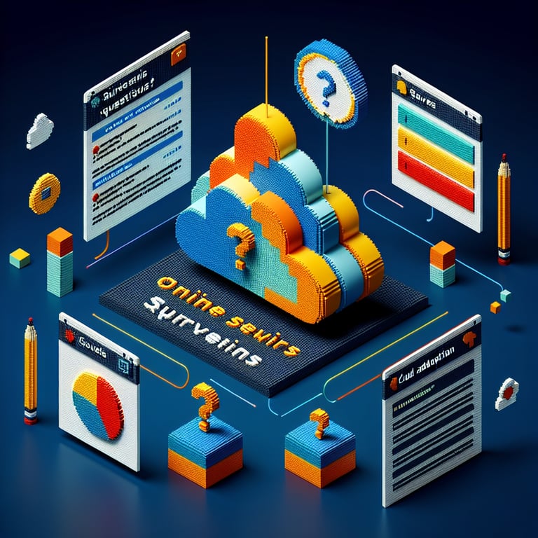 3D voxel art illustrating the concept of online cloud adoption surveys on a dark blue background.