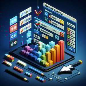 3D voxel art depicting the concept of online surveys and questions on a dark blue background.
