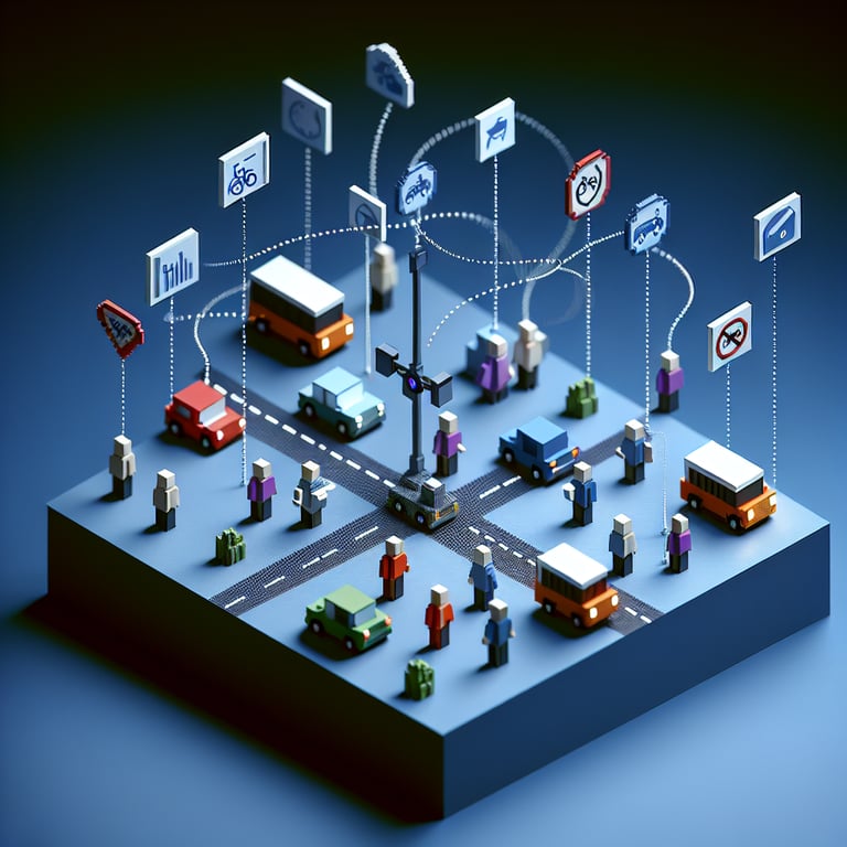 3D voxel art depicting online traffic survey concept on a dark blue background.