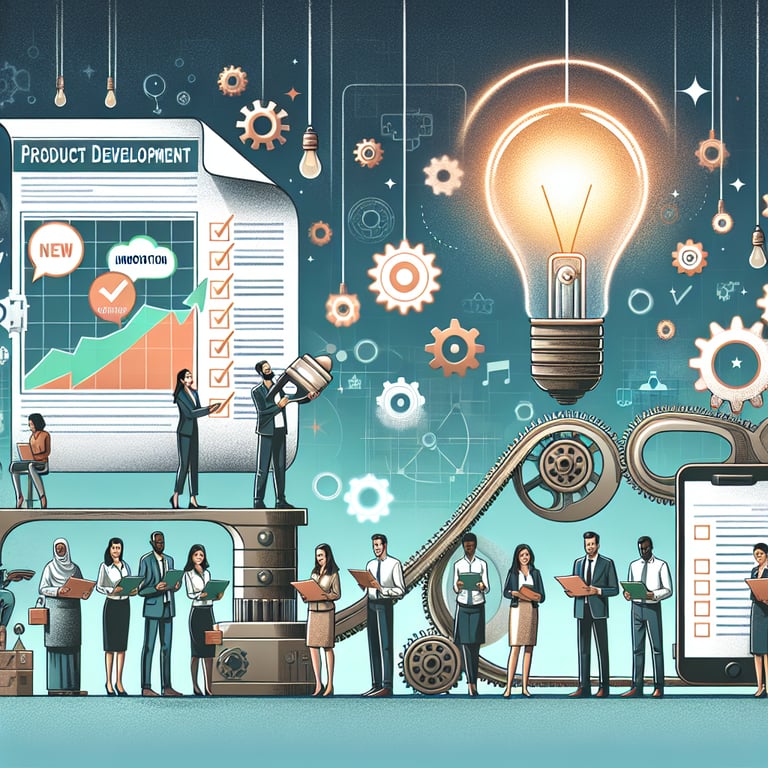 Illustration showing the concept of powering innovation through Product Development survey questions.