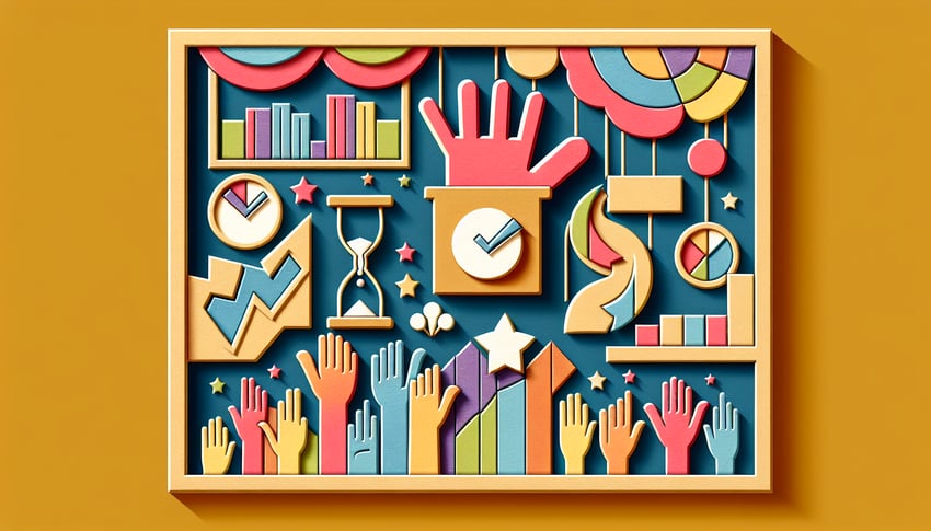 Paper-cut style illustration depicting engaging poll questions for effective meetings and discussions.