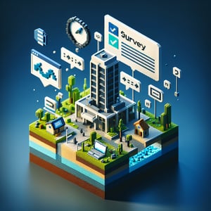 3D voxel art depicting online surveys, symbolizing building use survey questions on a dark blue background.