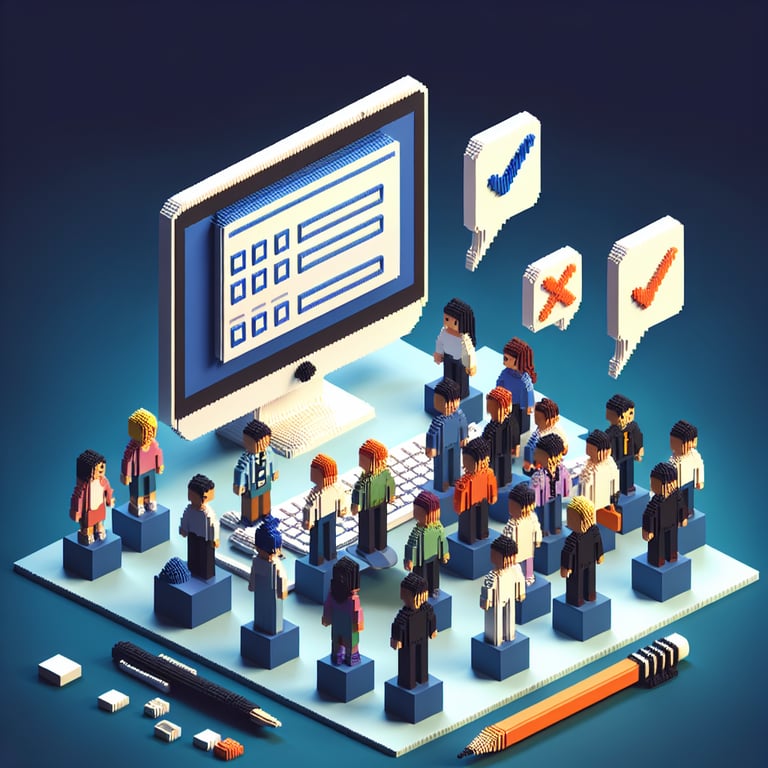 3D voxel art depicting online customer service surveys on a dark blue background.