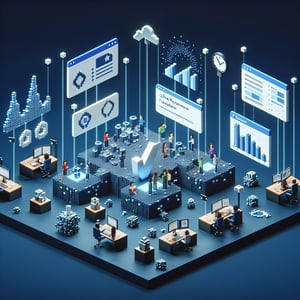 3D voxel art depicting online project management feedback surveys on a dark blue background.