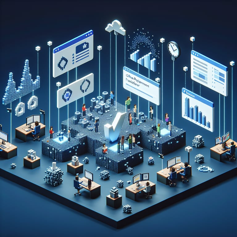 3D voxel art depicting online project management feedback surveys on a dark blue background.
