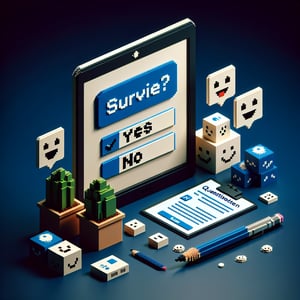 3D voxel art depicting online mental health surveys on a dark blue background.