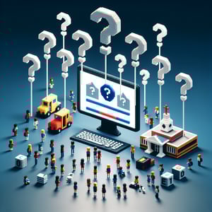 3D voxel art depicting online school climate surveys on a dark blue background.