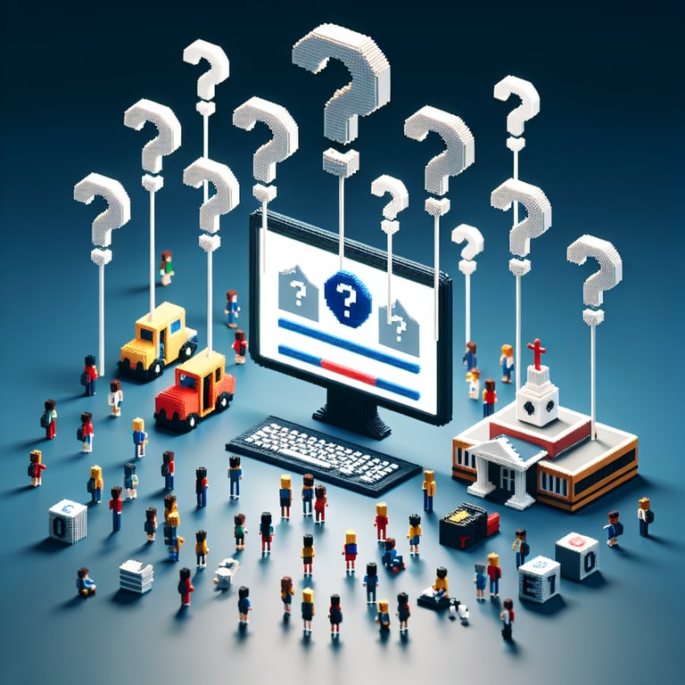 3D voxel art depicting online school climate surveys on a dark blue background.
