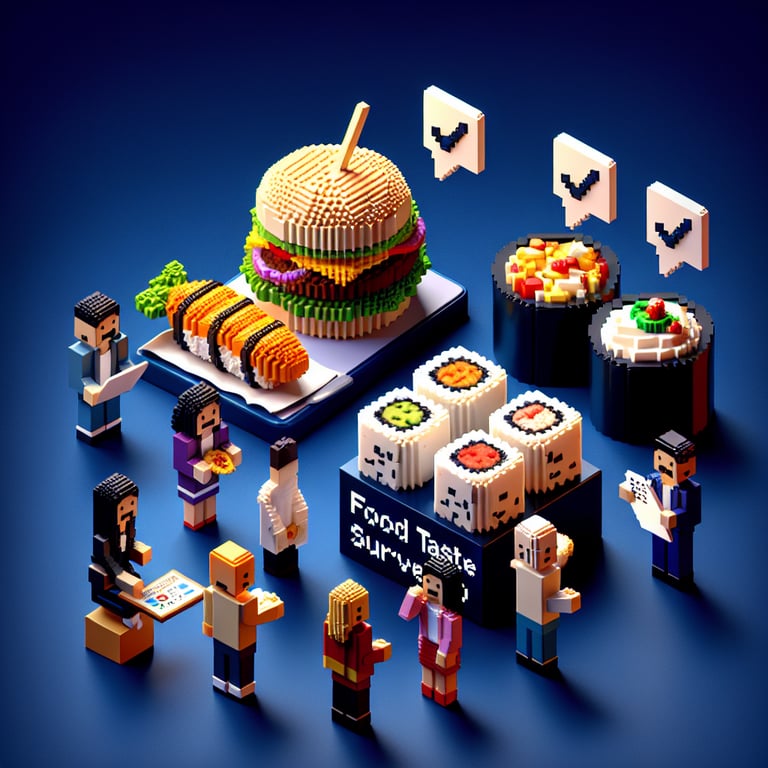 Colorful 3D voxel scene of taste testing checklist