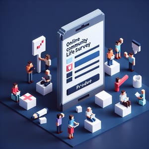 3D voxel art depicting online community life surveys on a dark blue background.