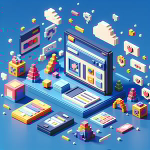 3D voxel art depicting online surveys and questions for kids, set against a dark blue background.