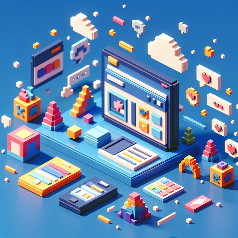 3D voxel art depicting online surveys and questions for kids, set against a dark blue background.