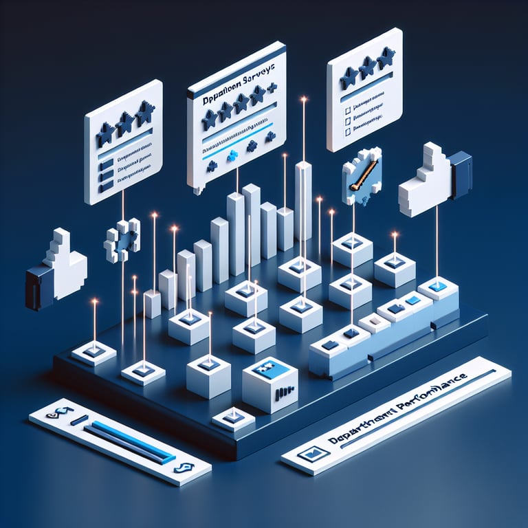 3D voxel art illustrating online department performance surveys on a dark blue background.