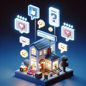 3D voxel art depicting online accommodation survey process on a dark blue background.