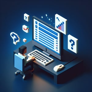 3D voxel art displaying online survey symbols, with a captivating dark blue background.