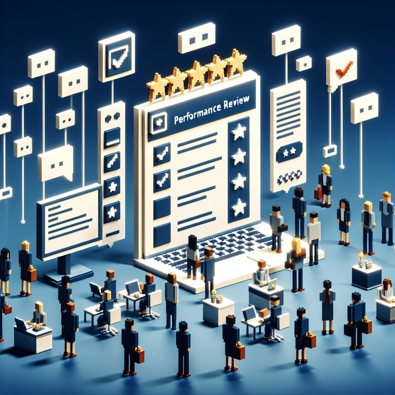 3D voxel art illustrating the concept of online performance review process surveys on a dark blue background.