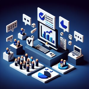 3D voxel art depicting online customer research surveys on a dark blue background.