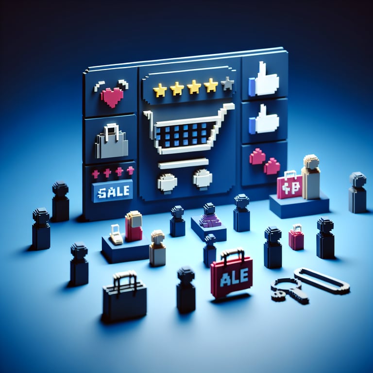 3D voxel art illustrating online shopping center satisfaction surveys with a dark blue background.