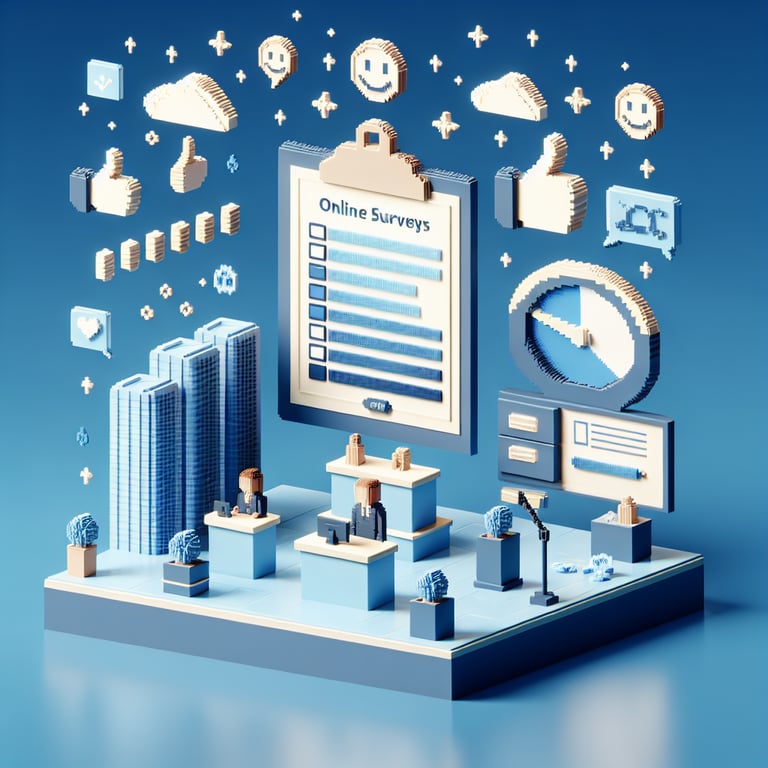 3D voxel art depicting online survey elements on a dark blue background, symbolizing customer satisfaction in facility management.
