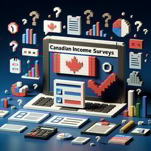 3D voxel art depicting online survey concept on a dark blue background, representing Canadian income surveys.