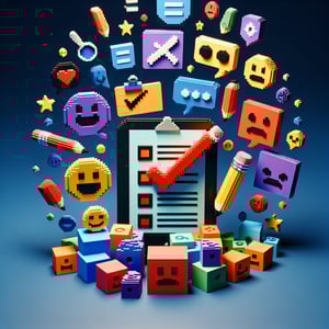 3D voxel art depicting online customer feedback surveys on a dark blue background.