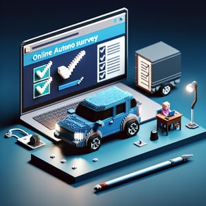3D voxel art depicting online automobile surveys on a dark blue background.
