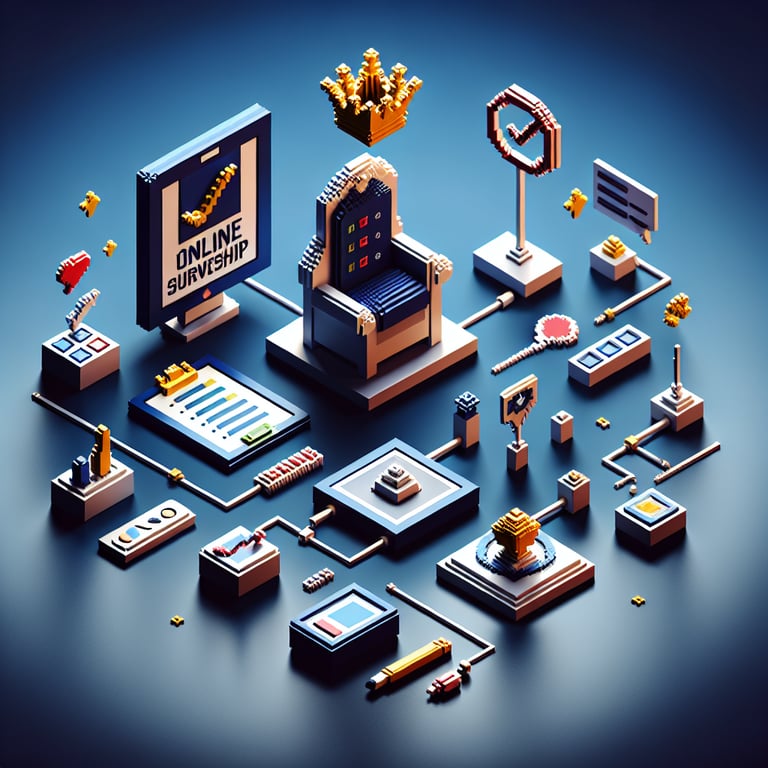 3D voxel art illustrating the concept of online leadership surveys against a dark blue background.