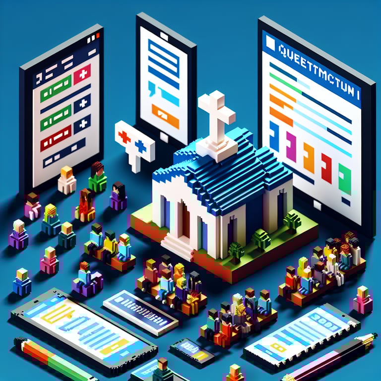 3D voxel art depicting online religion survey concept on a dark blue background.