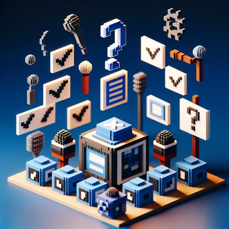3D voxel art symbolizing online media bias surveys on a dark blue background.