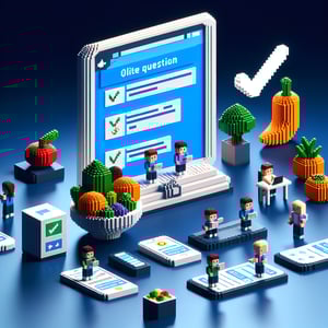 3D voxel art depicting online health lifestyle survey with a dark blue background.
