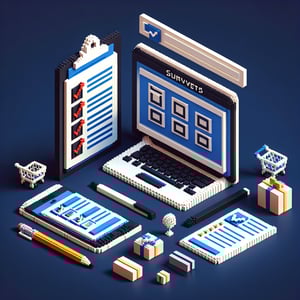 3D voxel art depicting the concept of online pre-purchase retail surveys on a dark blue background.