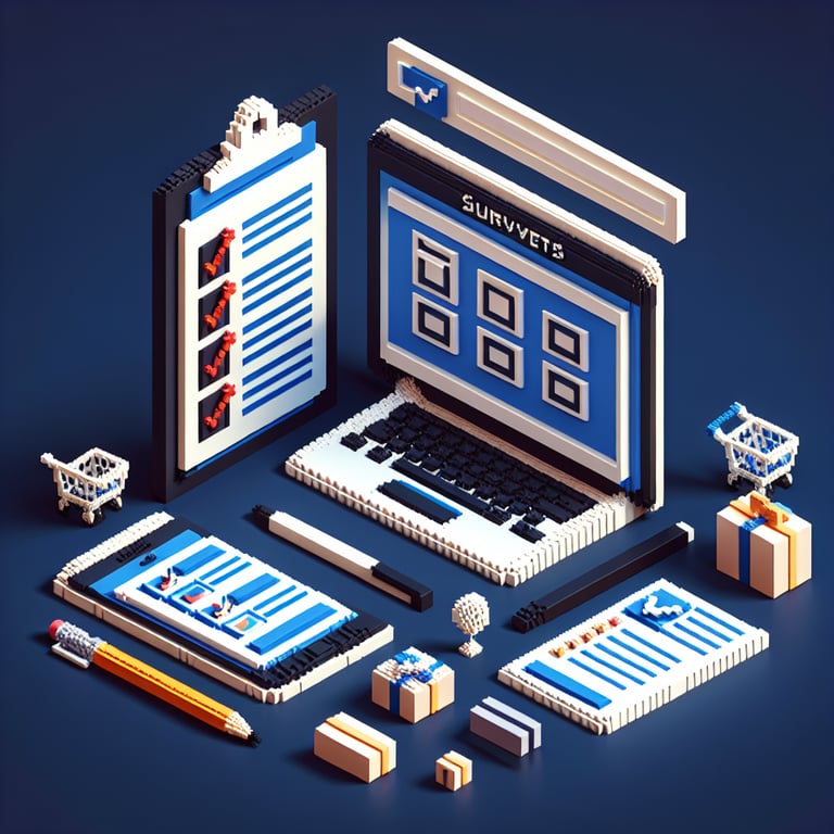 3D voxel art depicting the concept of online pre-purchase retail surveys on a dark blue background.