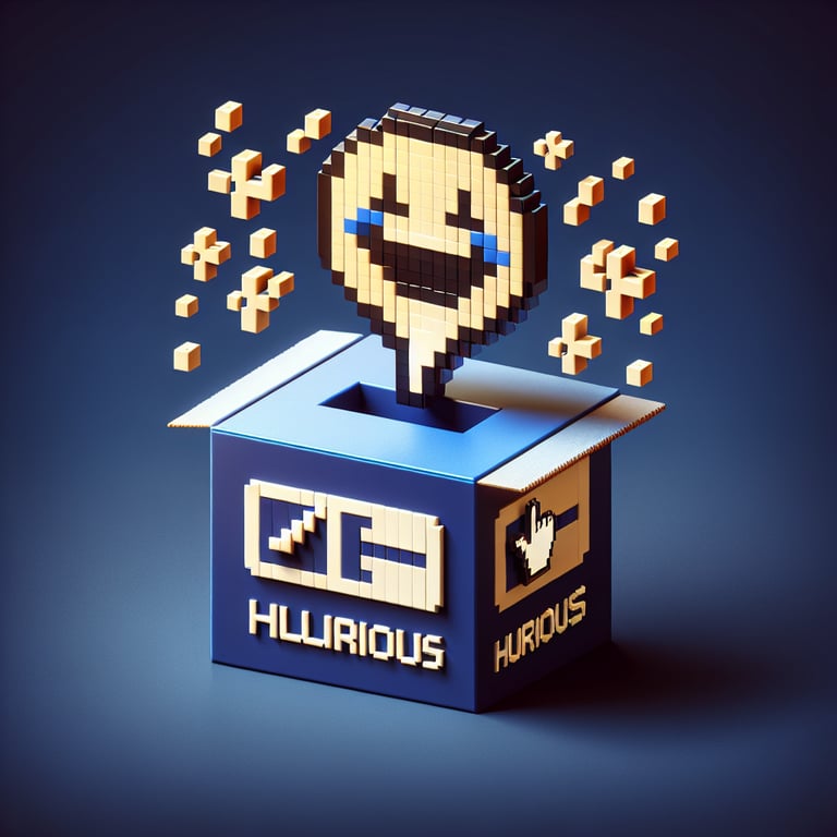 3D voxel art depicting the fun and humor involved in online survey questions, set against a dark blue background.
