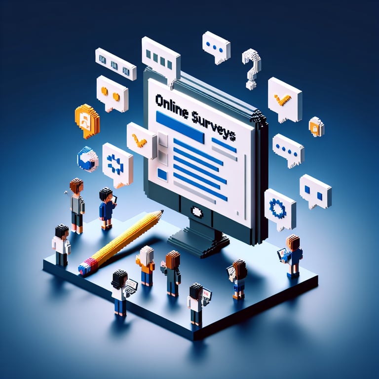 Vibrant 3D voxel art illustrating an interactive student questionnaire system