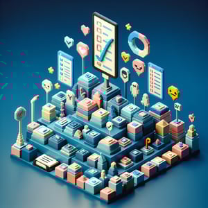 3D voxel art of online surveys on a dark blue background, symbolizing excellent customer service.