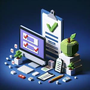 3D voxel art depicting online health surveys on a dark blue background.