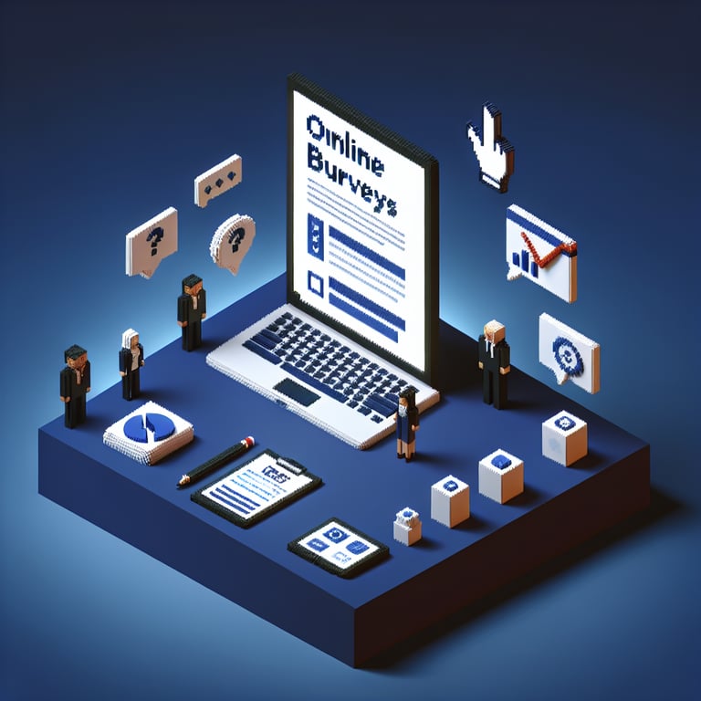 3D voxel art depicting online business survey process on a dark blue background.