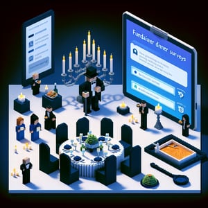 3D voxel art depicting online fundraiser dinner survey concept on a dark blue background.
